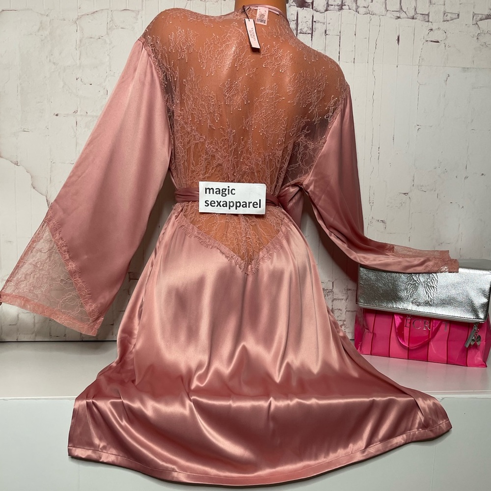 VS XS/S M/L LUXE SATIN CHANTILLY LACE ROBE KIMONO LINGERIE OPEN BACK SIDE SLITS